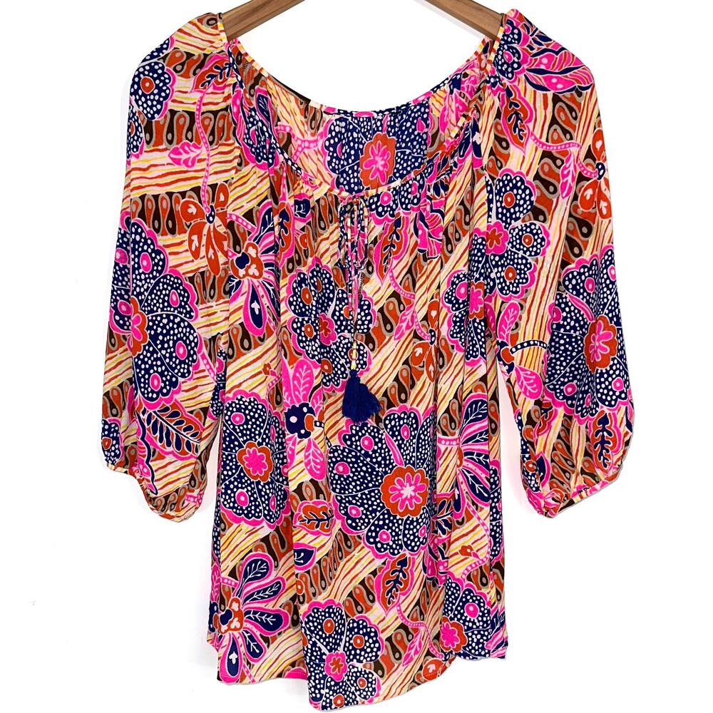 Trina Turk Silk Blend Colorful Abstract Floral 3/4 Sleeve Blouse Size Large